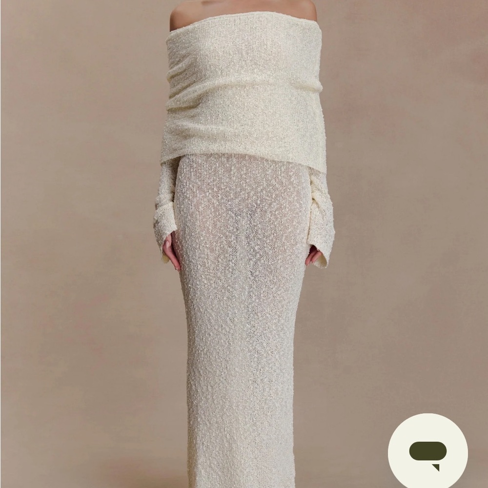 Meshki Cream Long Sleeve Dress - Marisol Off Shoulder Boucle Maxi Dress - Ivory